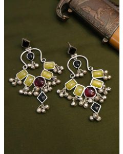 Buy Oxidised Chandbali Earrings With Multi Coloured Stone And Jhungroo Hangings