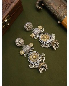 Oxidized Silver Brass Jhumka Flower Two Tone Crystal Earrings Bohemia Jewelry