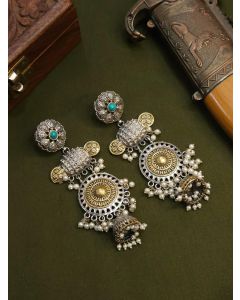 Oxidized Silver Brass Jhumka Flower Two Tone Turquoise Earrings Bohemia Jewelry