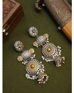 Oxidized Silver Brass Jhumka Flower Two Tone Earrings Bohemia Jewelry
